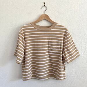 Gap Towel Terry Boxy Cropped T-Shirt Neutral Tan Stripe Soft Cotton Blend Coast